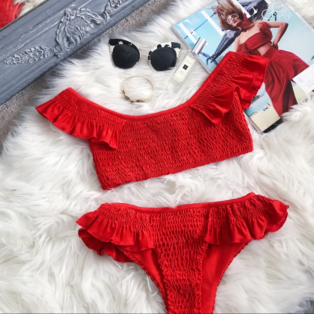 5/$25- Sexy Red Ruched Ruffle Off Shoulder Bikini